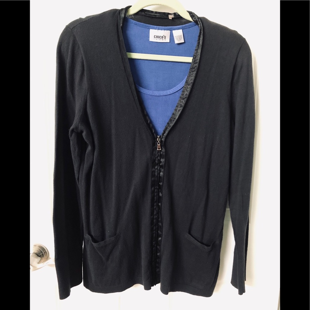 Tahari Deep V Neck Black Zip Front Sweater - L